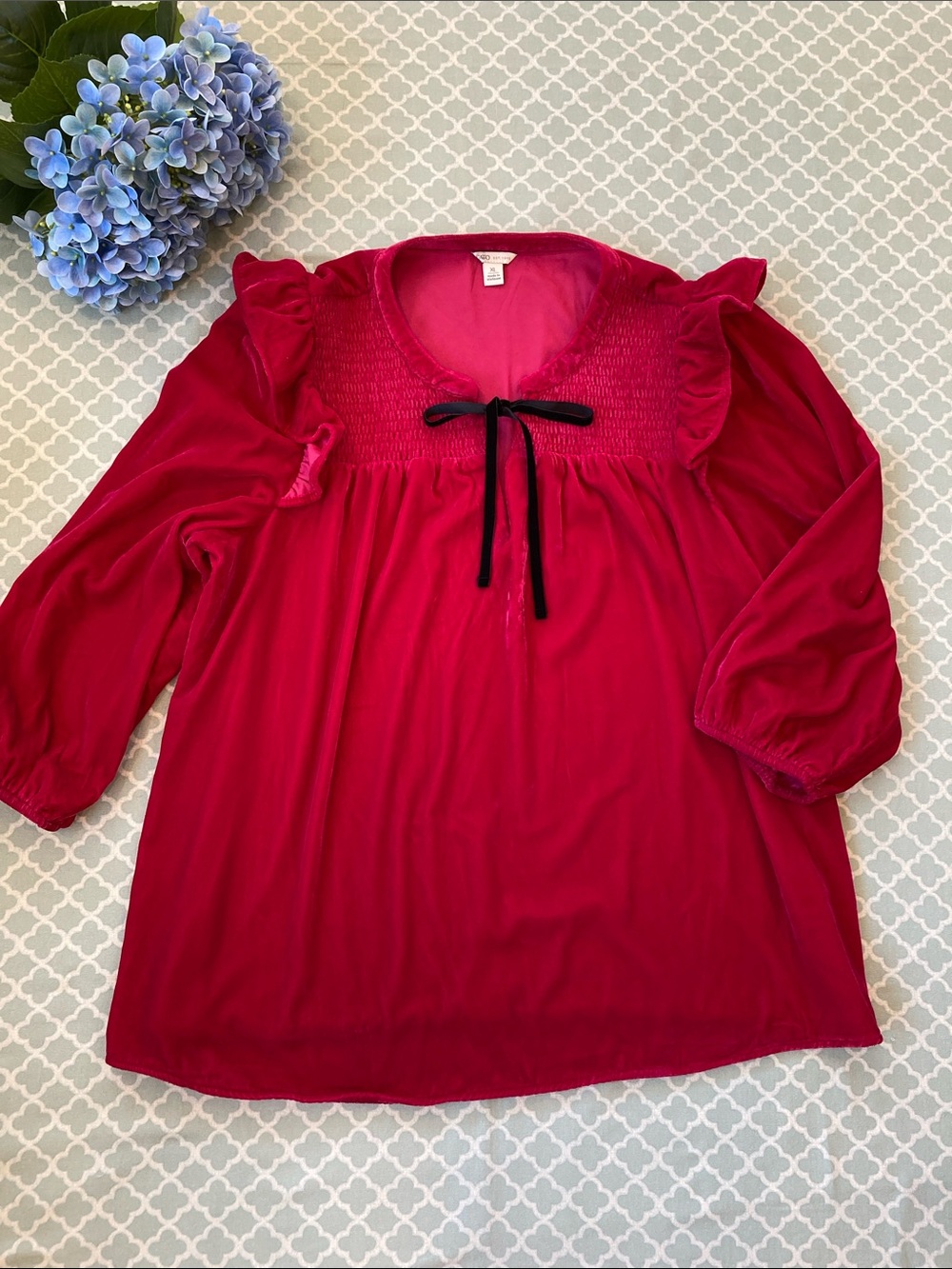Cato Fuchsia Velvet Ruffle Detail Blouse Smocked Yoke XL